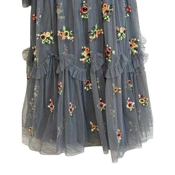 Needle & Thread Blue Floral Embroidered Tulle Midi Dress Fairy Prom Indie Folk - Picture 9 of 13